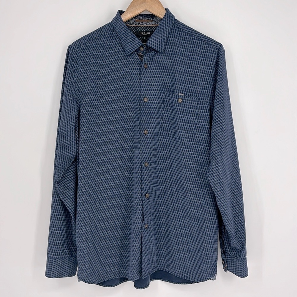 Ted Baker London Button Down Long Sleeve Shirt Men’s Size 5 in Blue Geometric